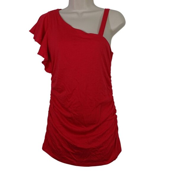 Bra Tops Red One Shoulder Top Women Size S Ruffle Sleeve Ruched Built In Bra - Picture 1 of 12